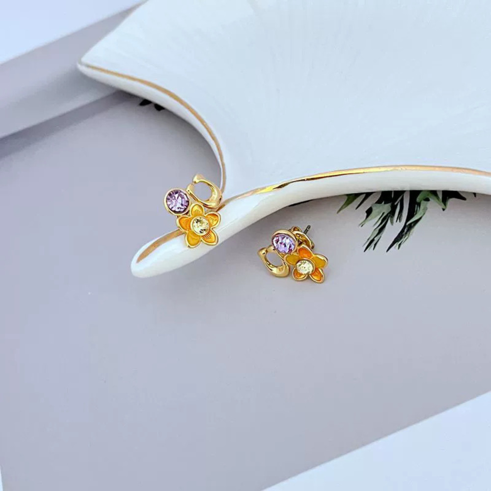Coach Rhinestone Enamel Flower Inlay Metal Earrings - Picture 4 of 6